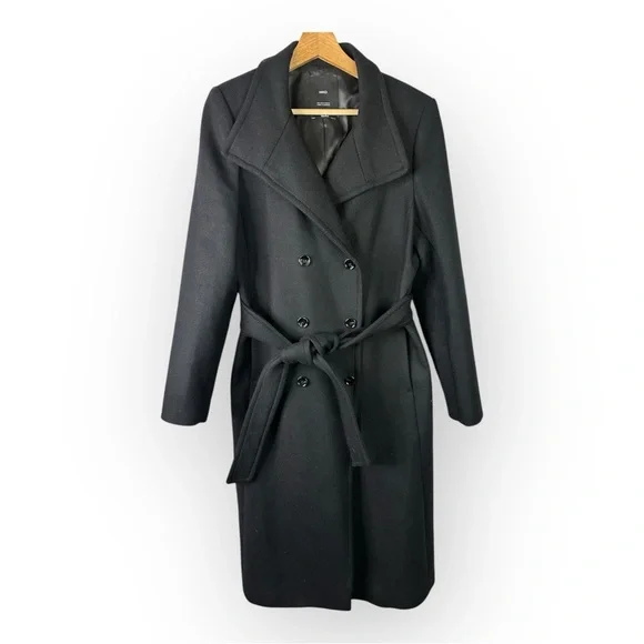 Mango size Medium Woolen Italian Wool Double-Breasted Belted Trench Coat Black - Picture 3 of 14
